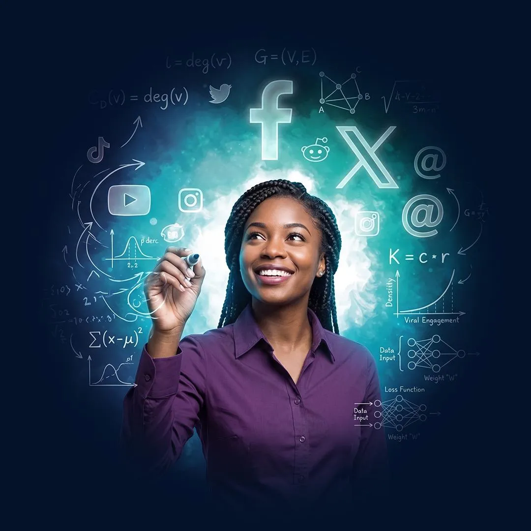A man in a green shirt surrounded by glowing social media and analytics icons