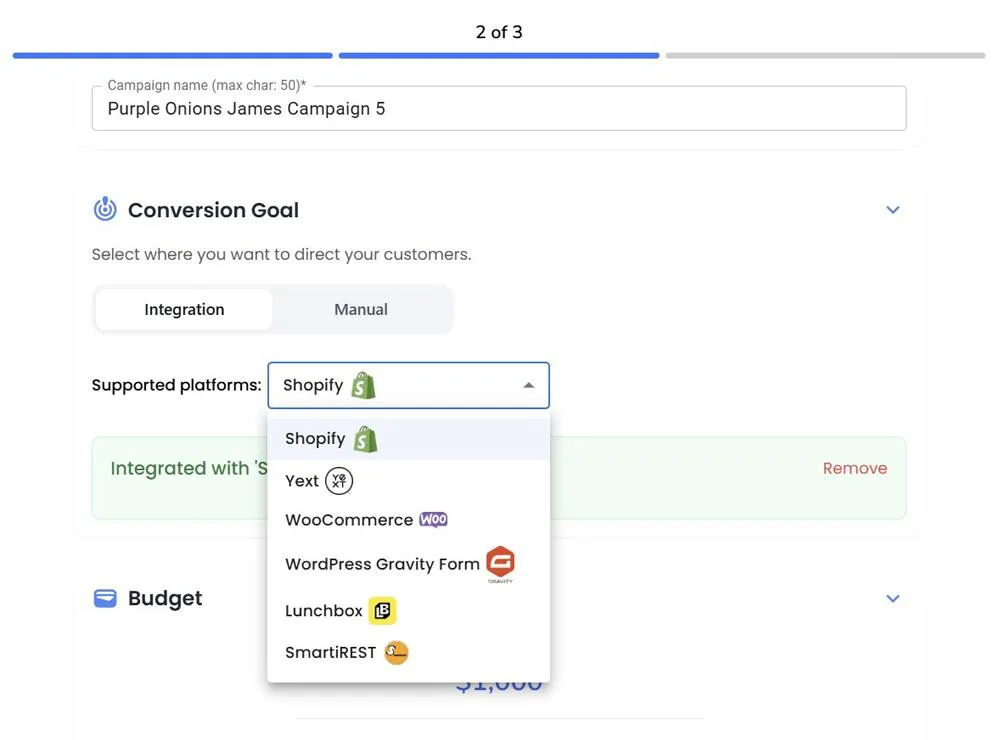Screenshot of conversion goals configuration