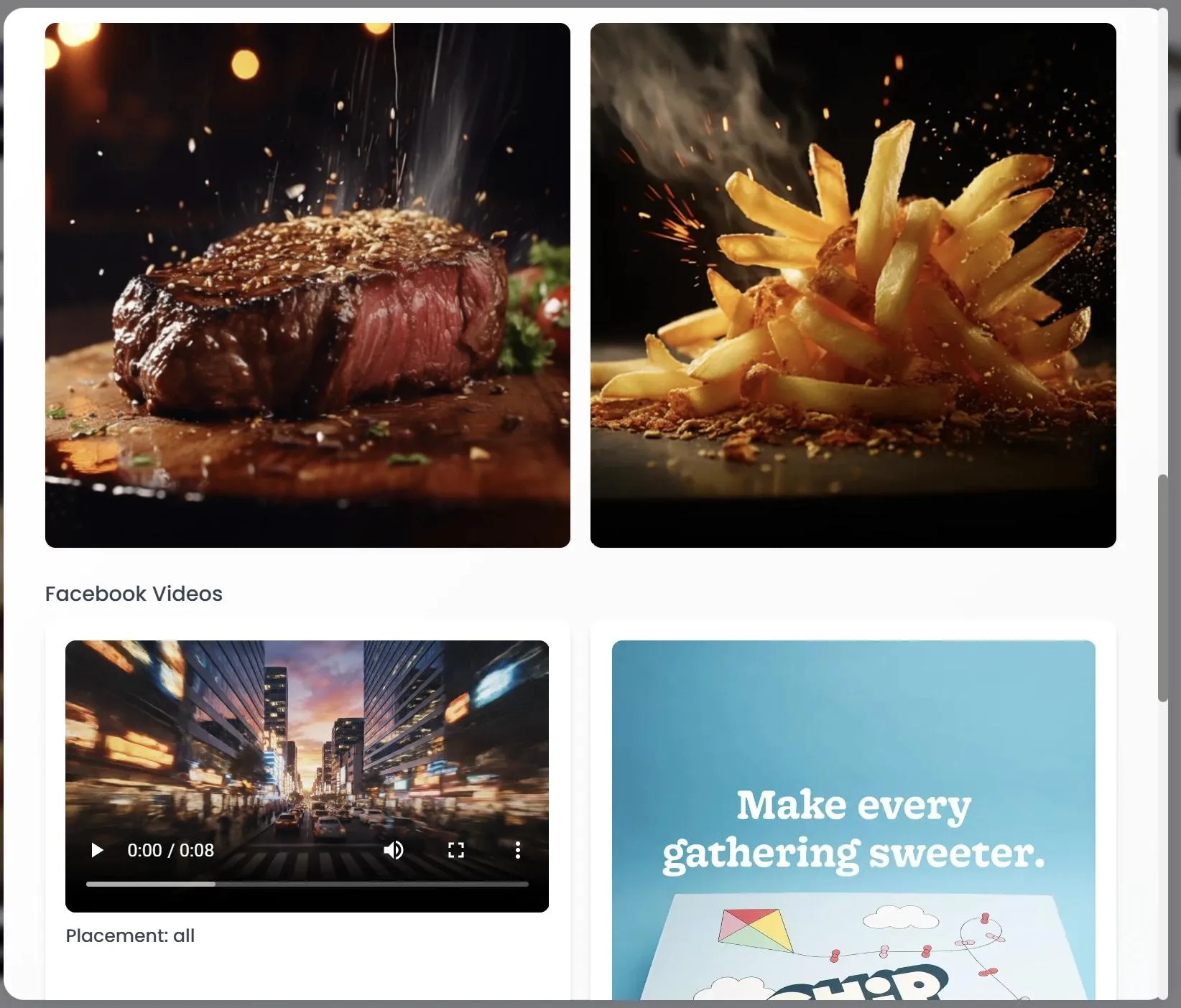 Creative detail showing square images and Facebook video assets