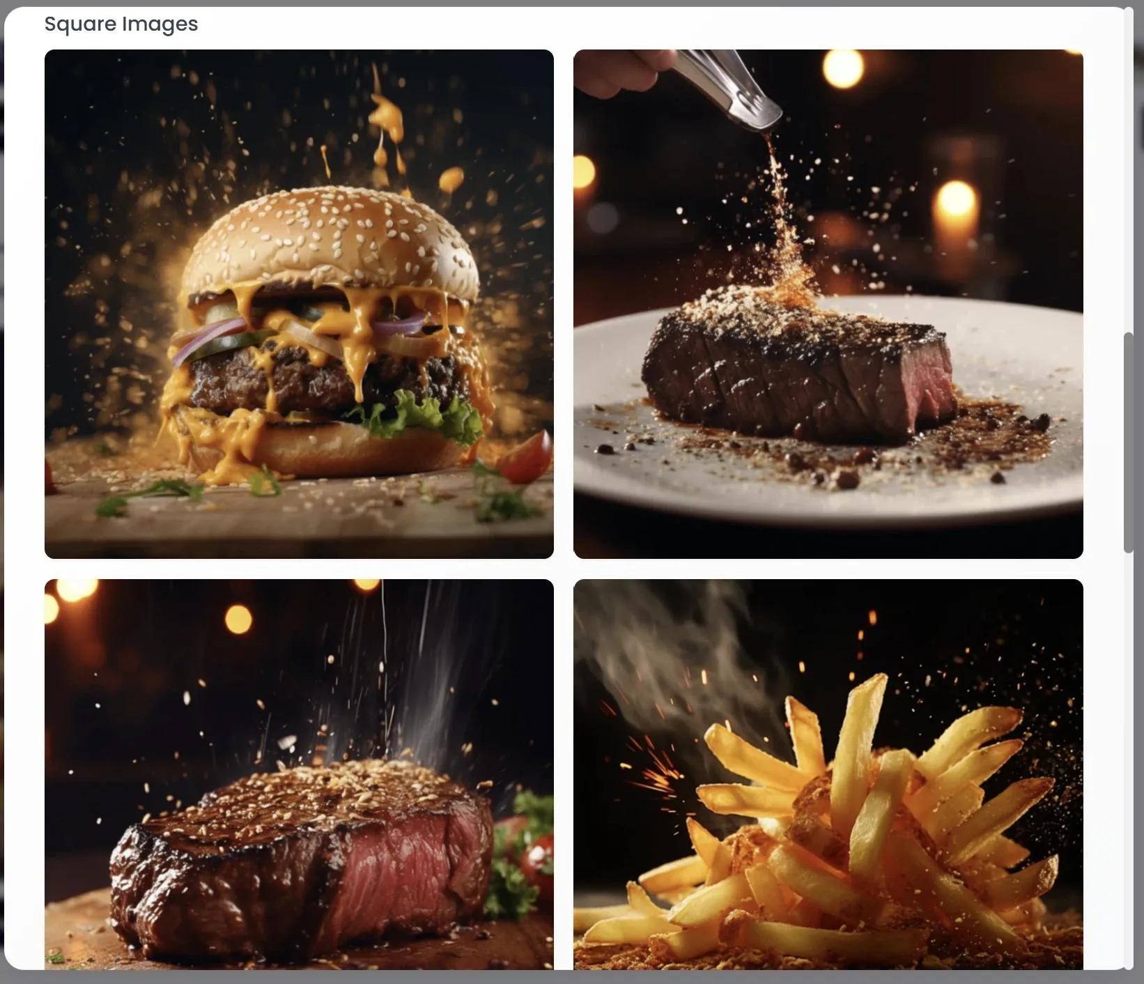 Creative square image assets of a burger, steak, and fries