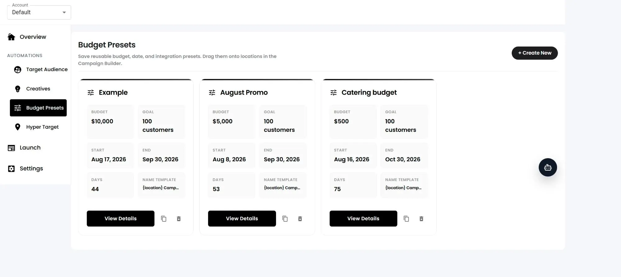 Budget Presets page showing reusable presets with budget, goal, dates, and name template