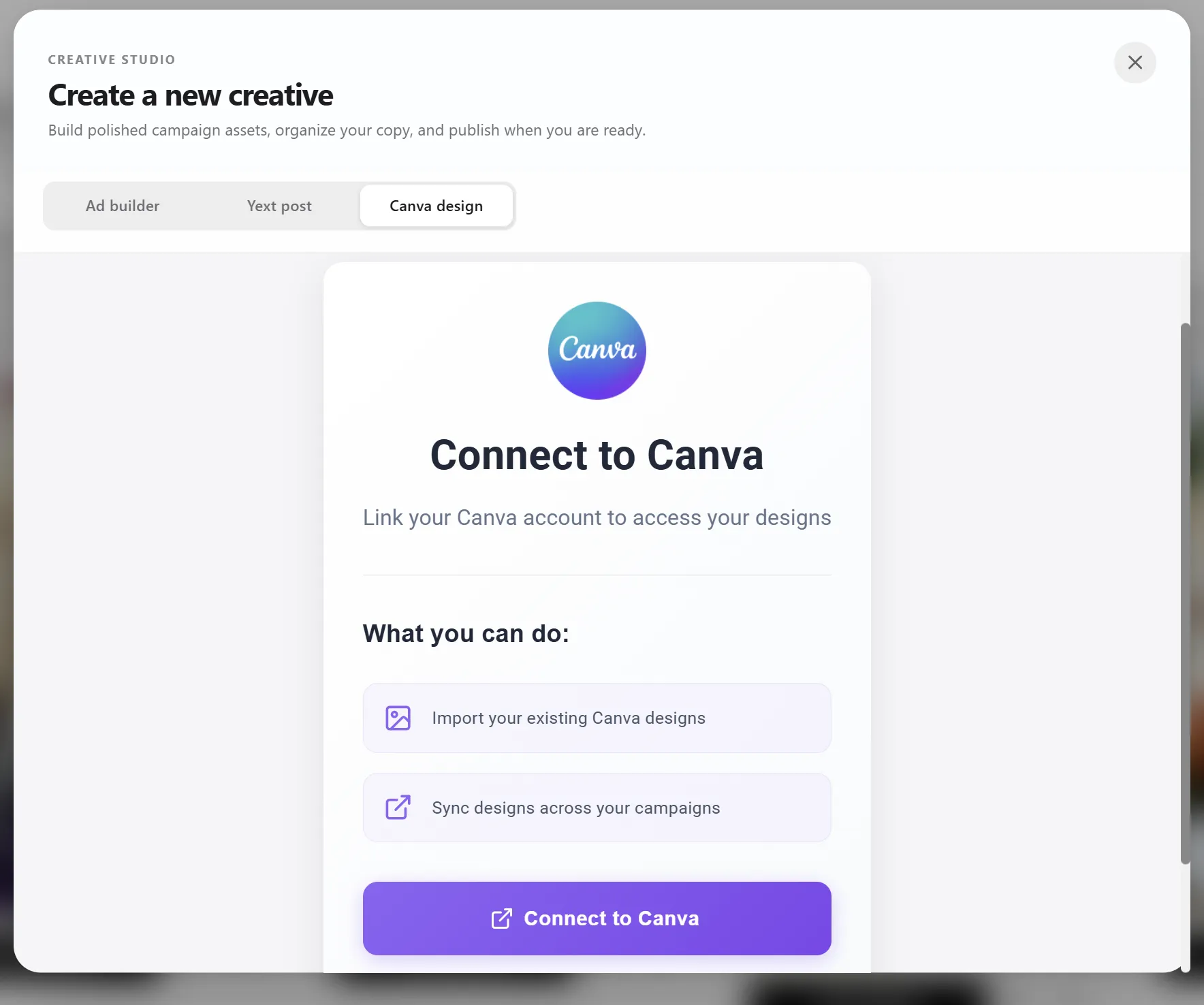 Create a new creative dialog on the Yext post tab with name and description fields