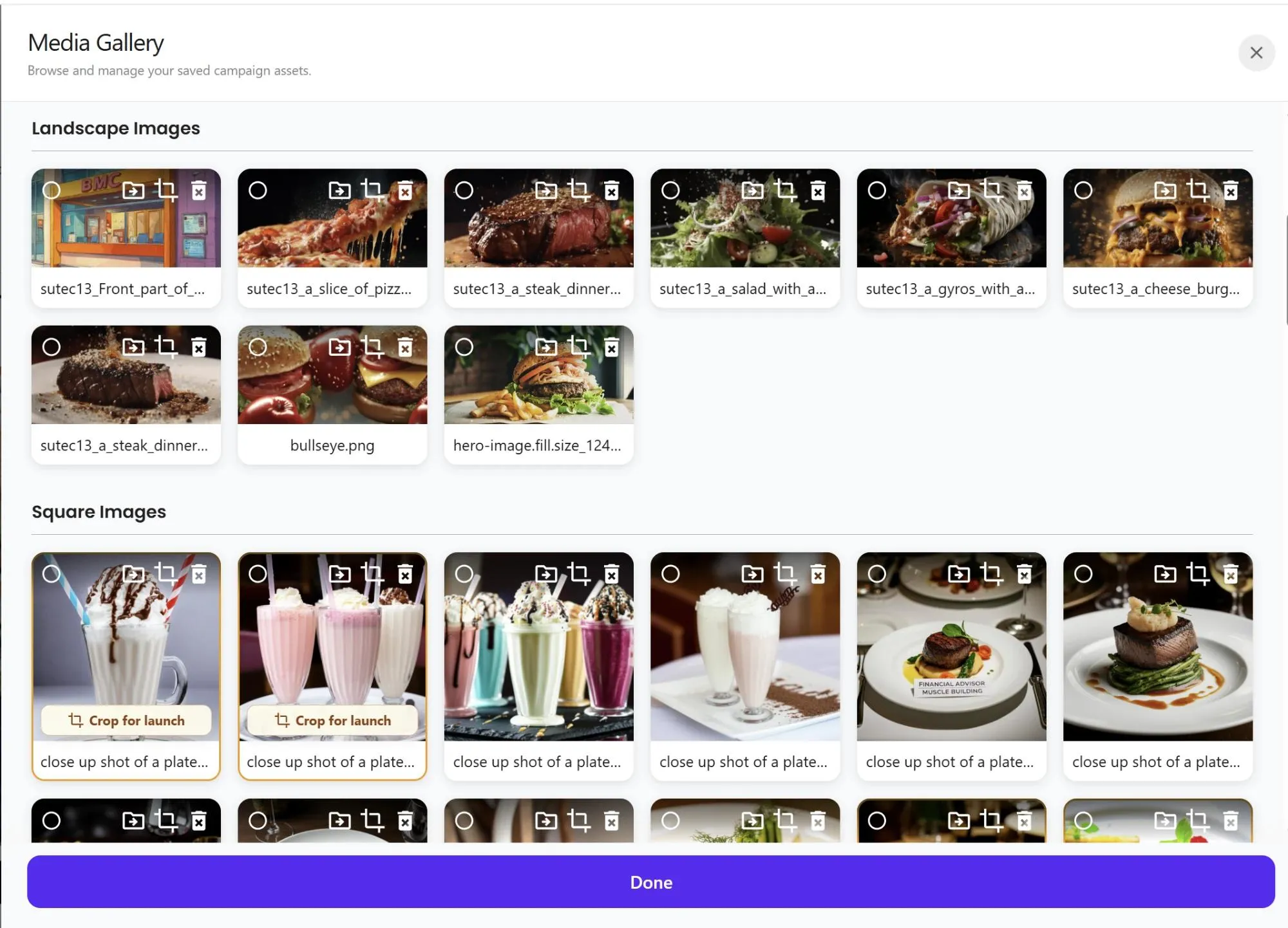 Creatives page showing a grid of ad creatives with food imagery