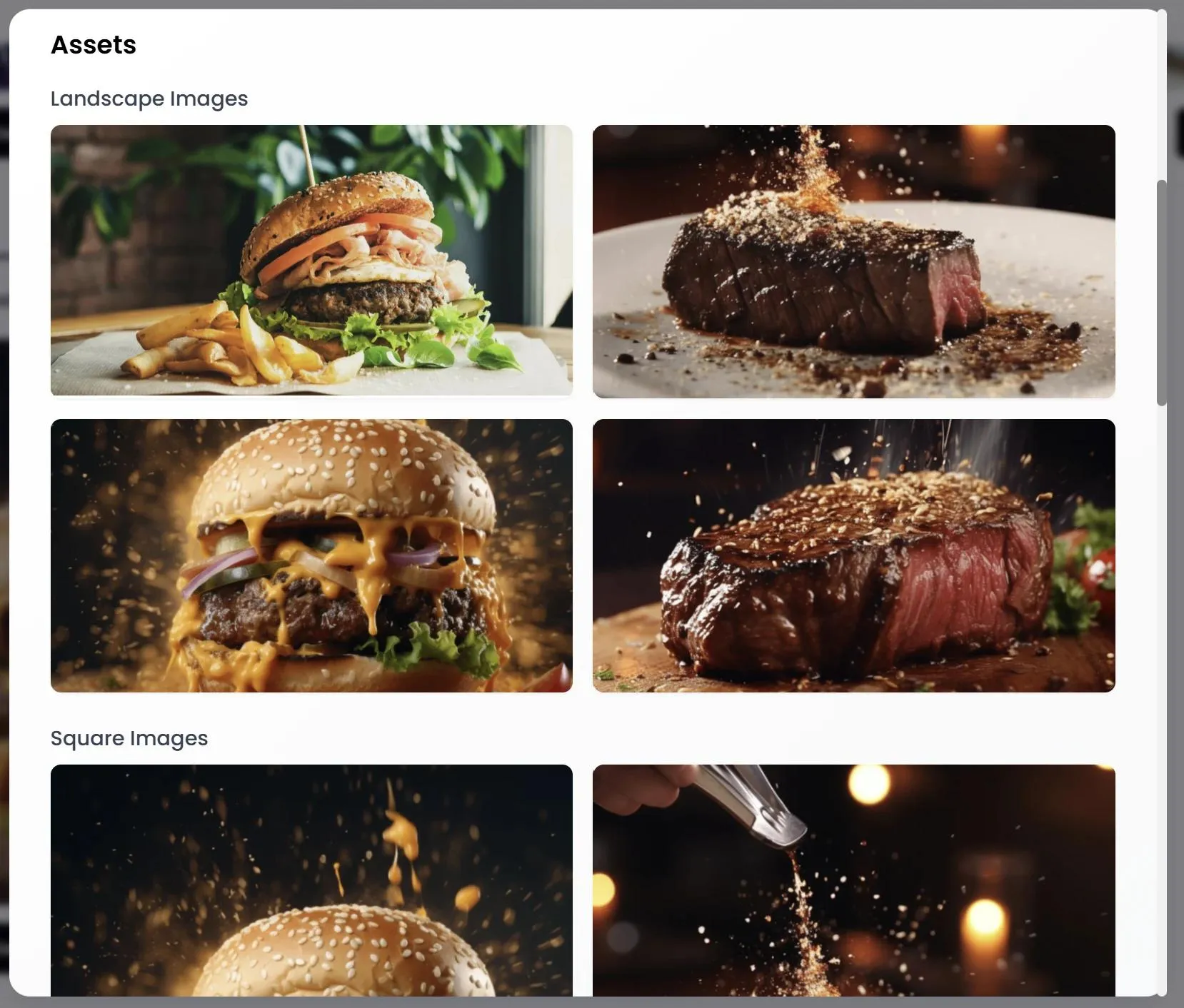 Creative assets section showing landscape images of burgers and steak