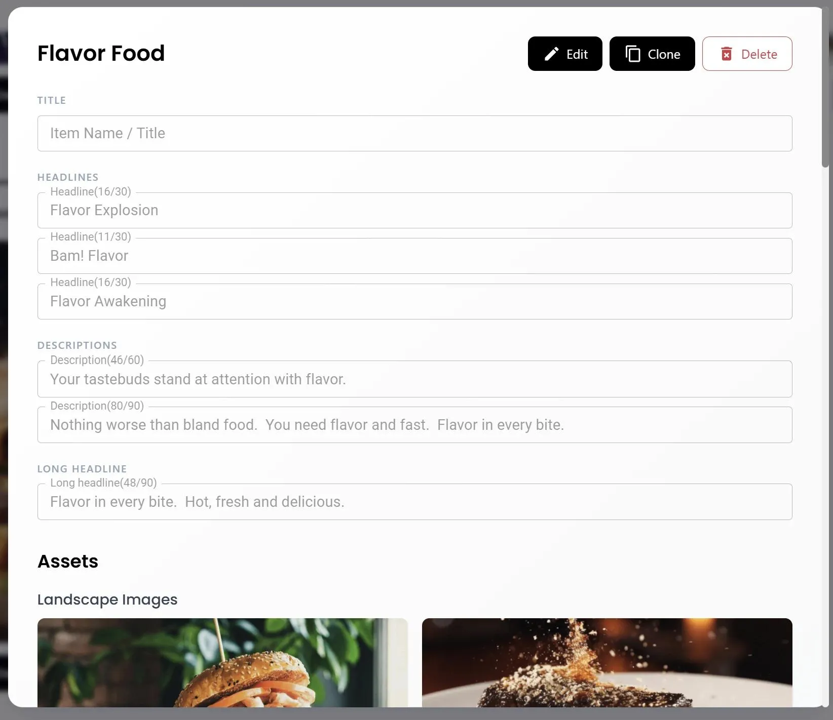 Creative detail view with headlines, descriptions, and long headline with character counts