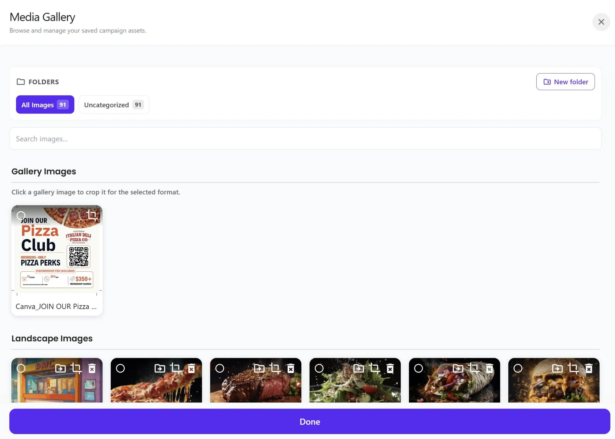 Media Gallery with folders, search, and gallery images