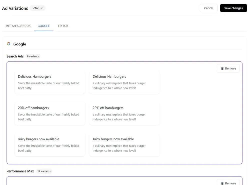 Screenshot of ad variations screen