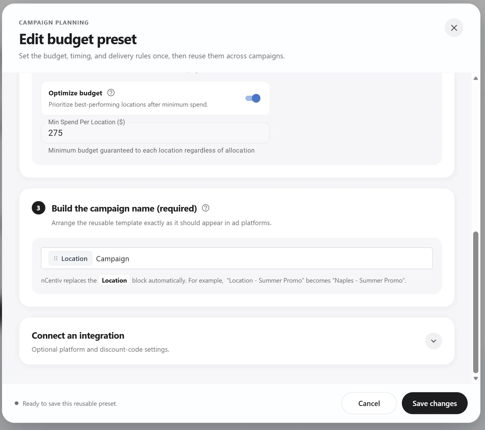 Campaign name template builder that swaps in each location's name automatically