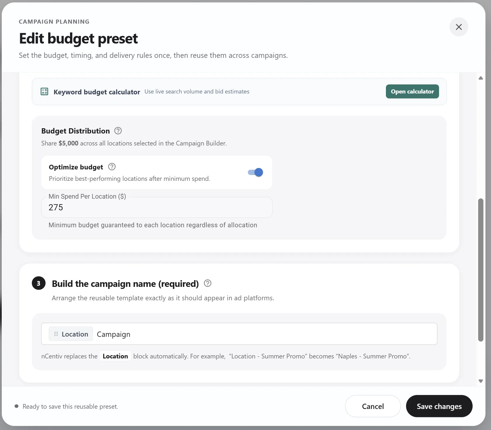 Budget distribution settings with optimize budget toggle and minimum spend per location