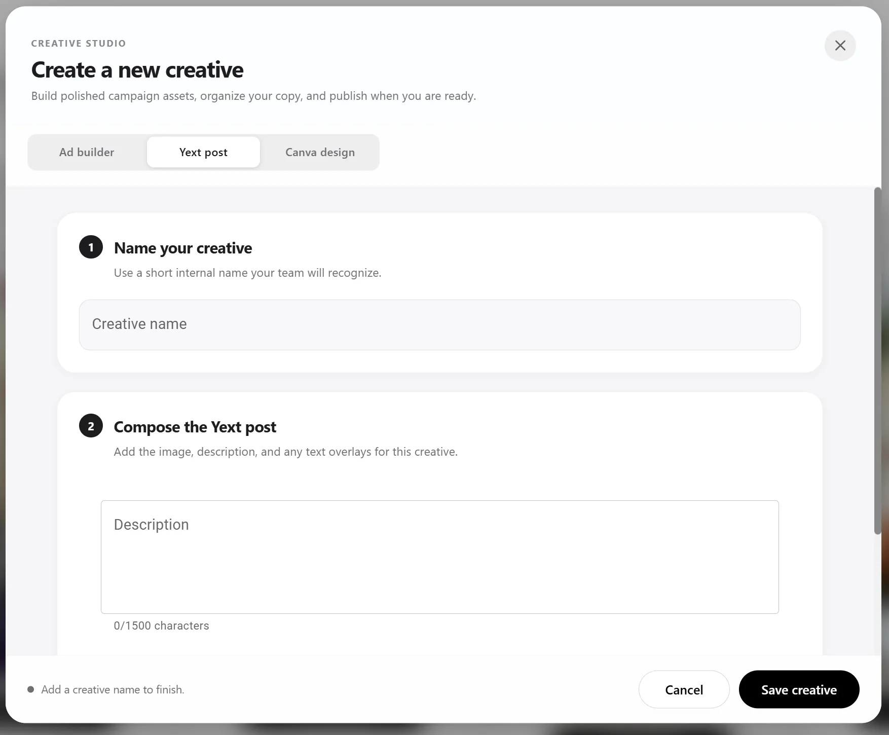 Create a new creative dialog prompting to connect a Canva account