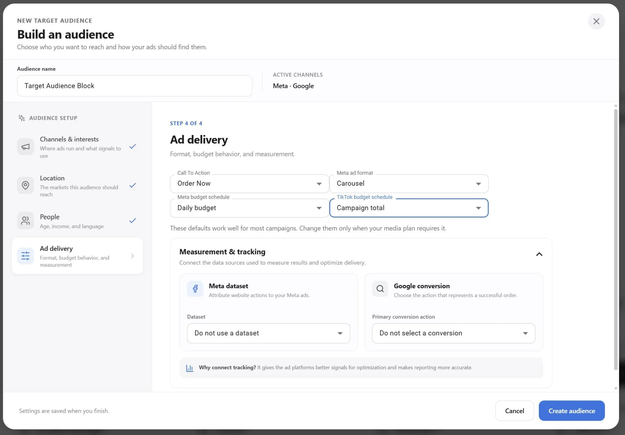 Build an audience dialog on the ad delivery step with call to action, ad format, and measurement settings